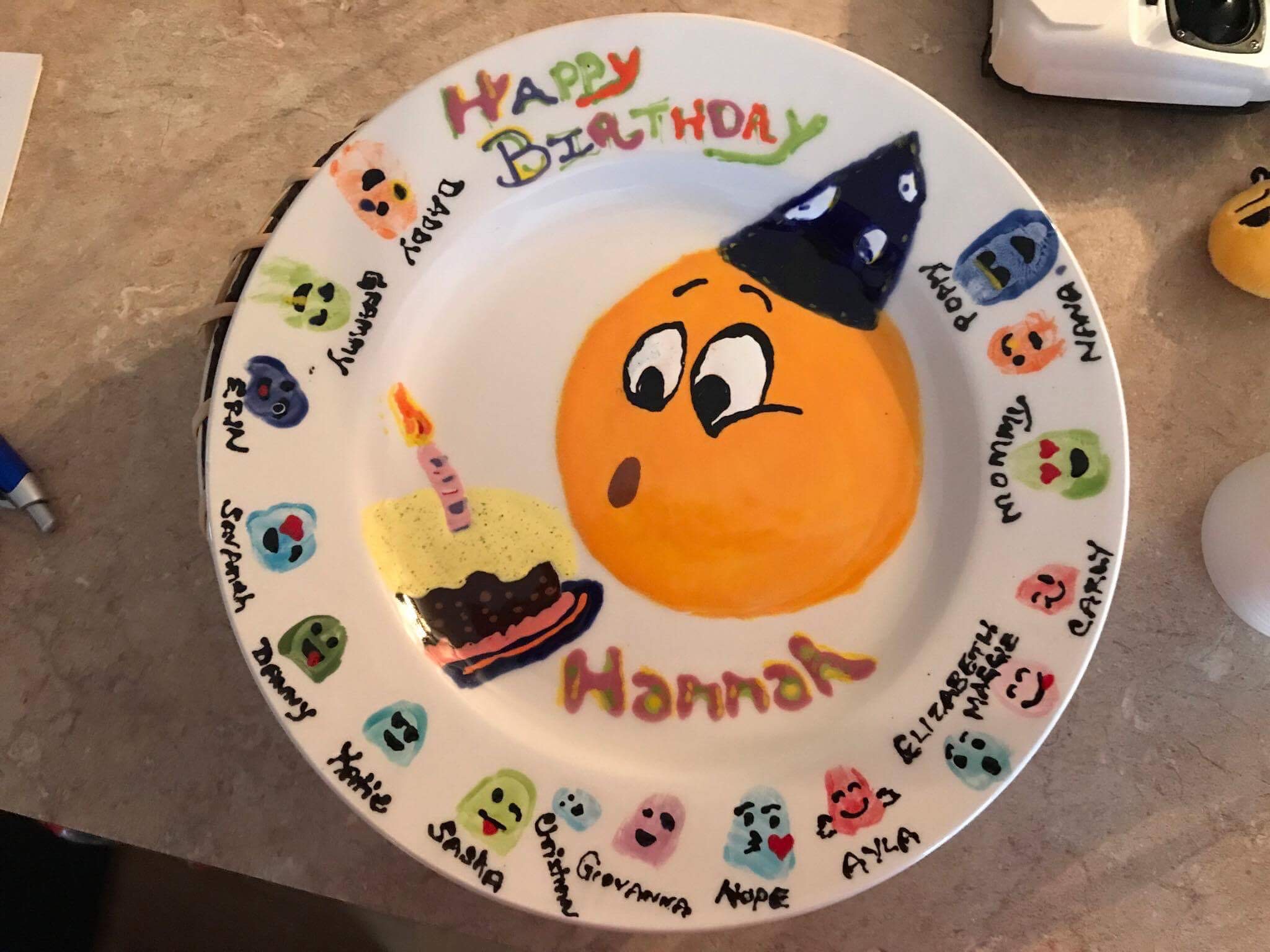 An example of the customized birthday plate you get to take home when you throw a party with us!