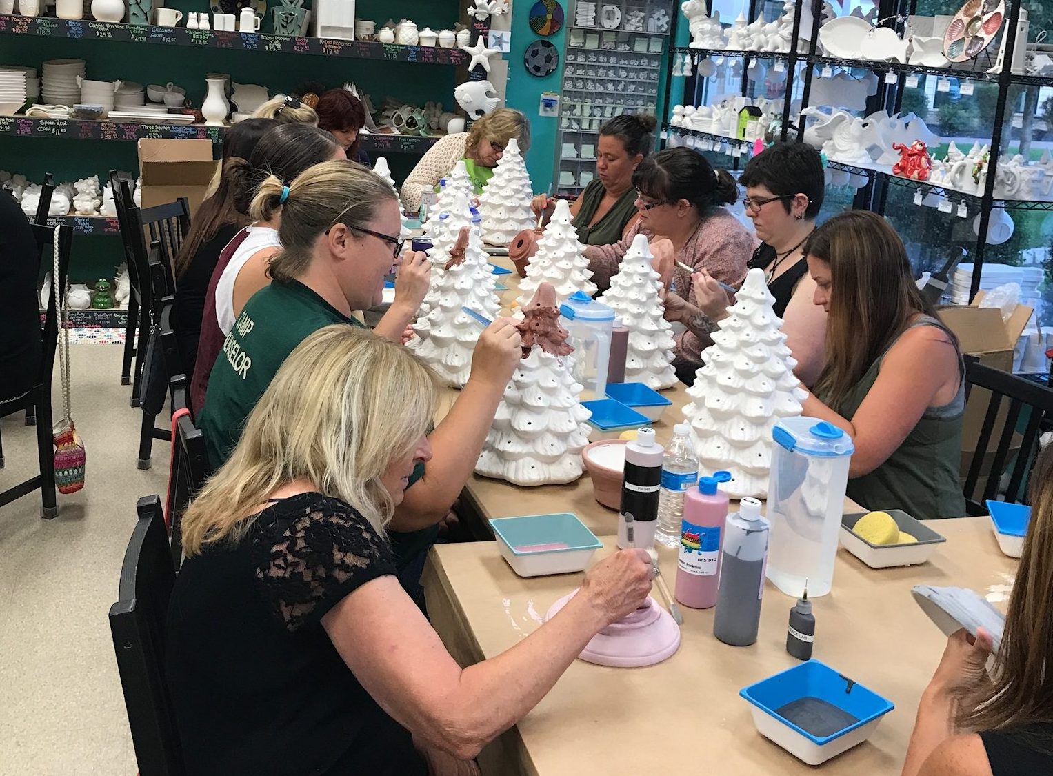 A lovely group of creators working on lighted Christmas Trees during our beloved, monthly Christmas Tree class.